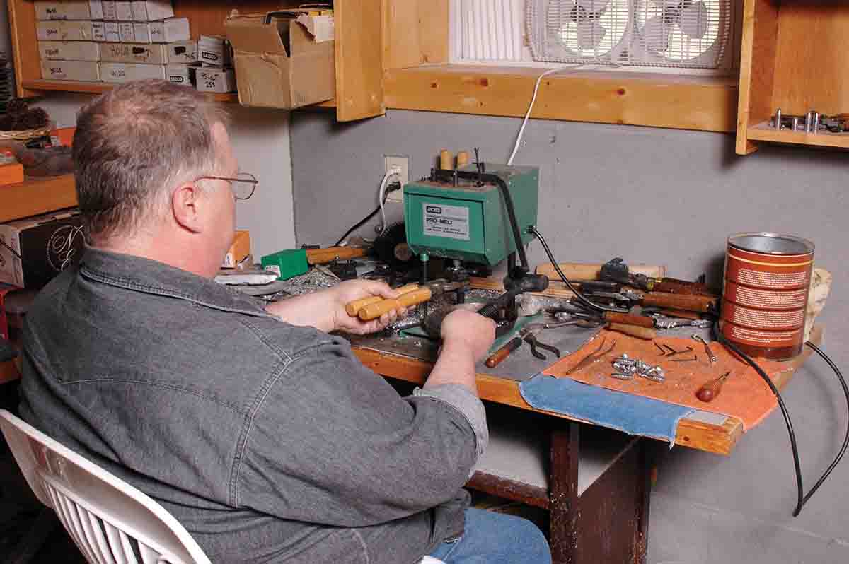 When casting bullets for ’03 Springfields, Mike uses his RCBS bottom pour pot.